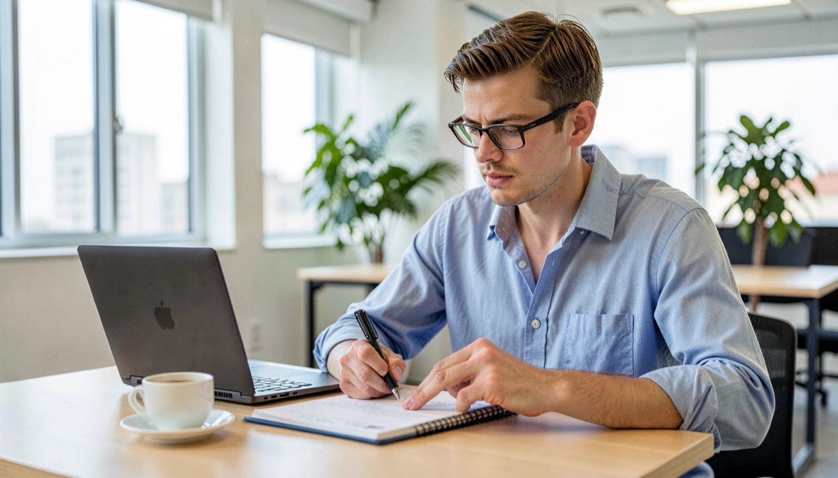Freelance travaillant sur son activité en 2026 dans un bureau lumineux
